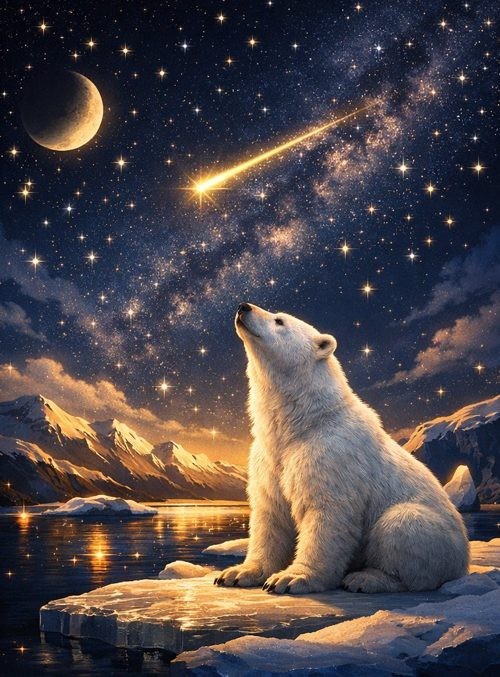 Polar bear cub gazing at the North Star on a winter night